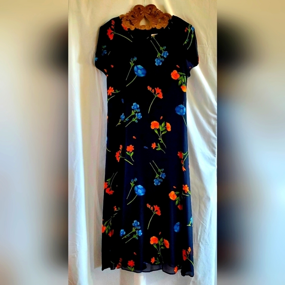 Talbots Women's Size 12 Dress Shift Maxi Style Black Chiffon w/Floral Design